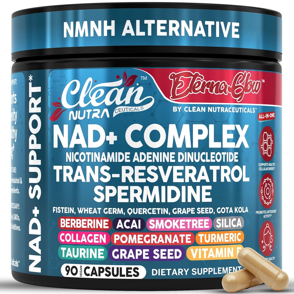 NAD Resveratrol Tamam spermidine Fisetin Quercetin Grape Tohum Gotu Kola Berberine Astaxanthin Taurin Pomegranate Acai Anti Aging Longevity Capsules for Women Men EternaGlow by Clean Nutra 90ct