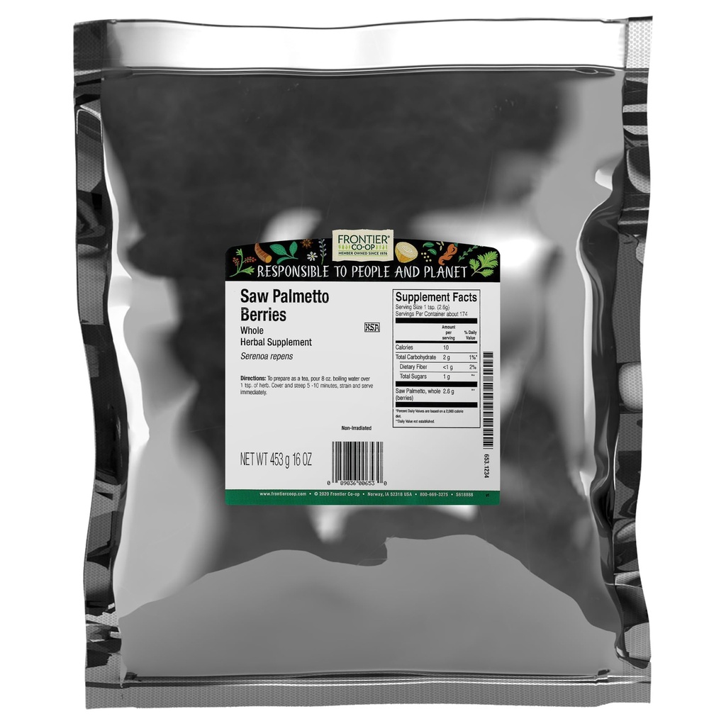 Frontier Co-op Saw Palmetto μούρα, 1lb Bulk Bag - ολόκληρο, Wildcrafted μούρα - πλούσια σε λιπαρά οξέα - Ιδανικό για Saw Palmetto Τσάι και υγιεινές συνταγές