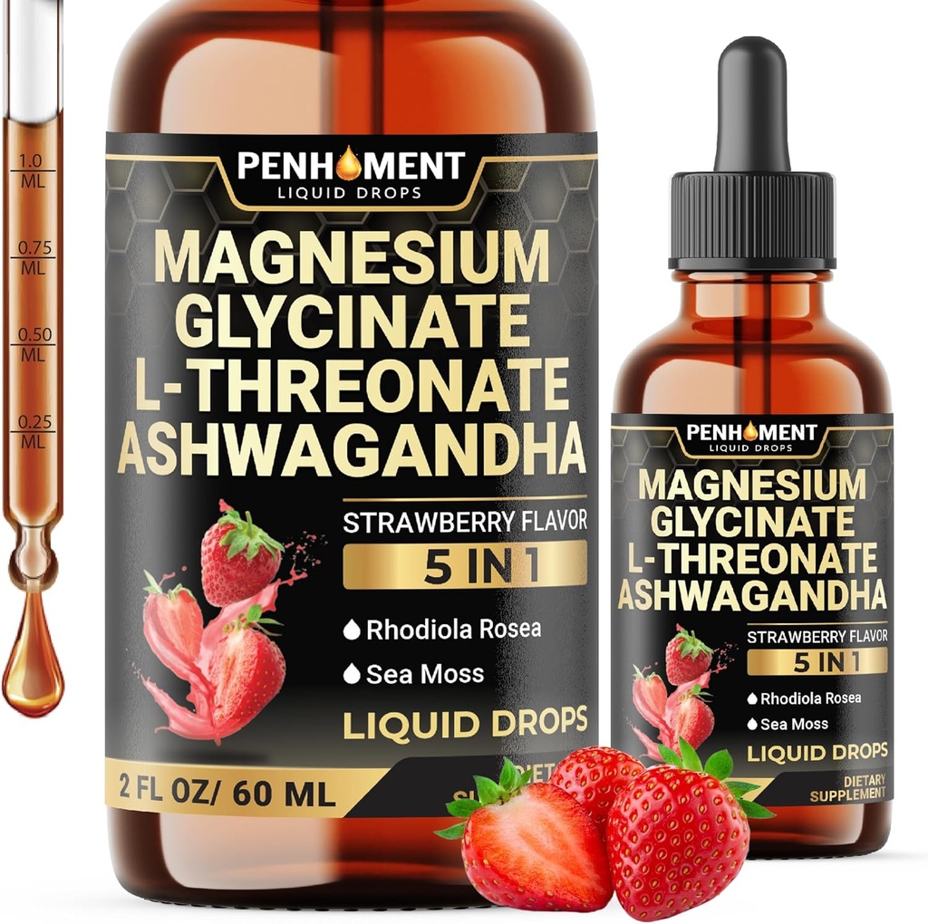 5in1 Magnezyum Glycinate Liquid Drops with Ashwagadha Extract, Magnezyum L-Threonate, Rhodiola Rosea, Sea Moss - Beyin Desteği ve Immune - 2 Fl Oz - Supply 30-Day - Strawberry Flavor