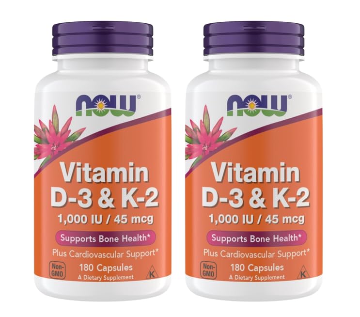 Τώρα Συμπληρώνει Βιταμίνη D3 K2, 1.000 IU/45 mcg, Καρδιαγγειακή Υποστήριξη, Υποστηρίζει την υγεία των οστών, 180 κάψουλες χορτοφάγων - Vegan, Χωρίς γλουτένη, Kosher Vitamin D3 και K2 συμπληρώματα (2)