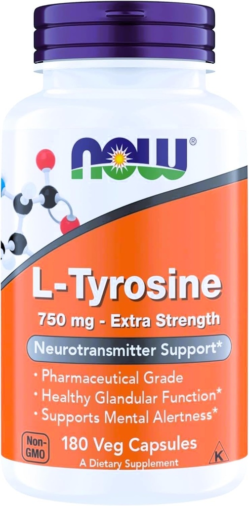 NOW Συμπληρώματα Τροφίμων, L-Τυροσίνη 750 mg, Υποστηρίζει την ψυχική εγρήγορση *, Νευροδιαβιβαστής Υποστήριξη *, 180 κάψουλες Veg