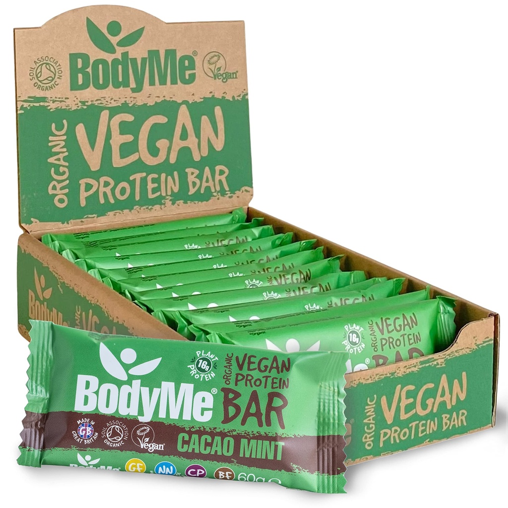 BodyMe Organic Vegan Protein Bar | Raw Cacao Mint | 12 x 2.12oz (60g) | 3 Plant Proteinleri ile