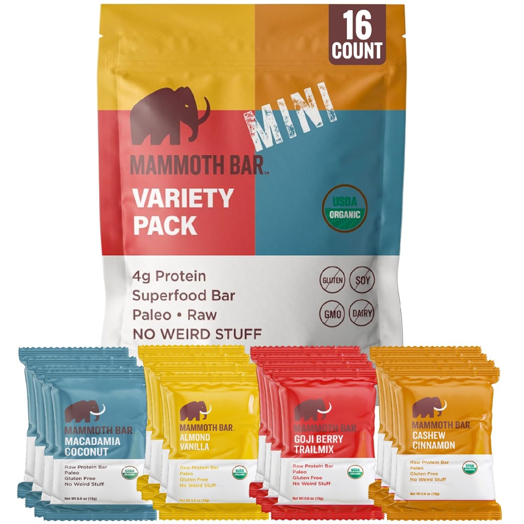 Mammoth Bar Mini - Mini Organik Protein Barlarımızın Çeşitli Paketi - Premium Nuts & Egg White Protein • Organik • Paleo • Gluten Ücretsiz • GMO Free • Raw - 16 Mini Bars