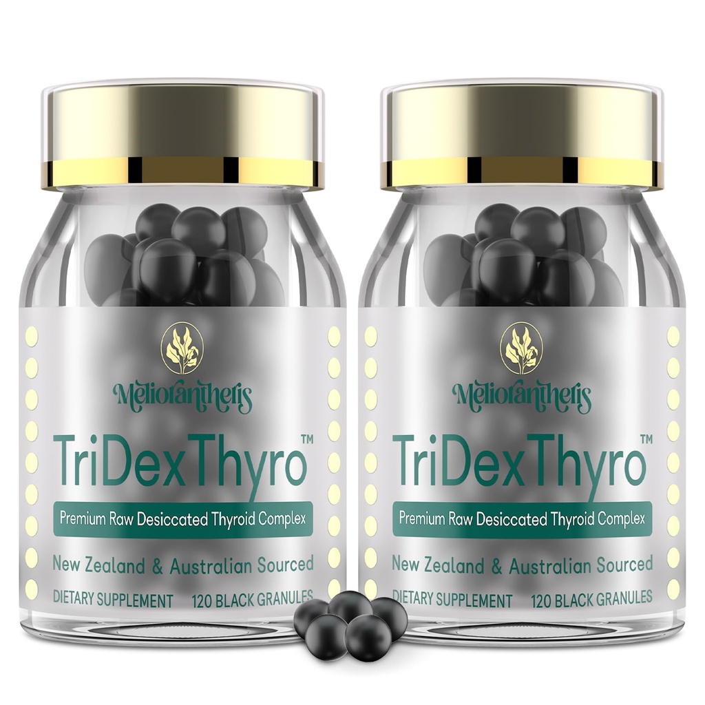 Thyroid Supplement – TriDexThyro™ Raw Desiccated Thyroid Complex 375 mg with Bovine, Porcine & Ovine –120 Capsules for Women and Men（2 Pack）