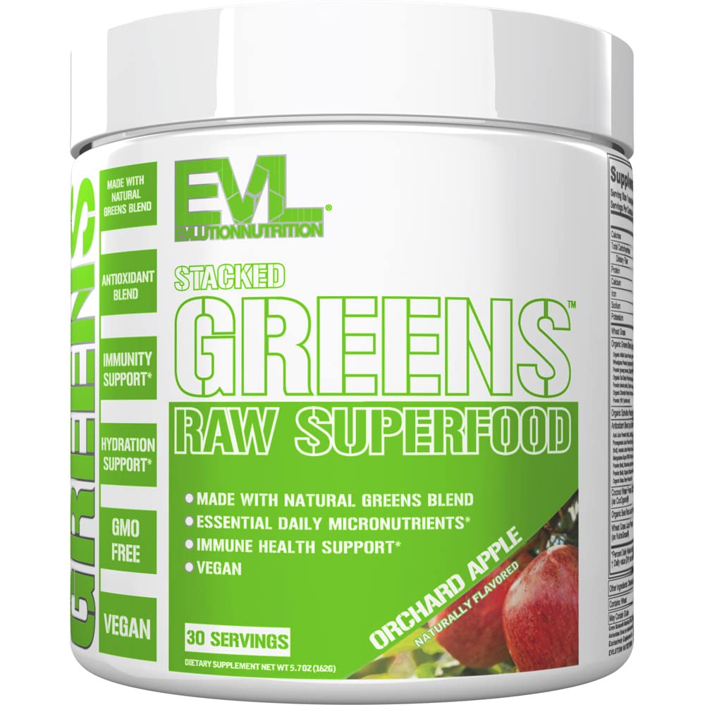 Evlution Nutrition Stacked Greens - Raw Superfood - Made with Natural Greens Blend + Essential Daily Micronutrients - Immunity + Hydration Support - Vegan & GMO-Free - 30 Servings - Orchard Apple