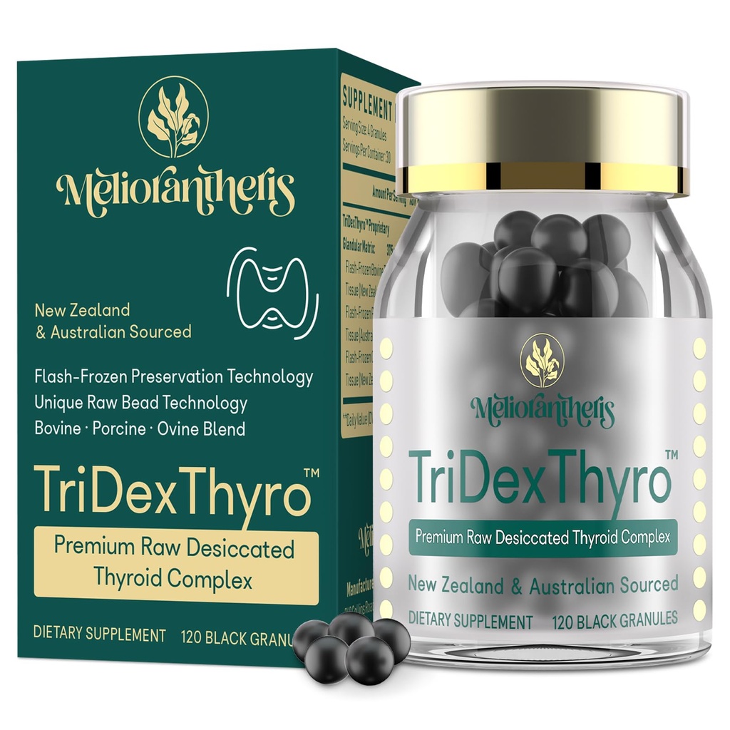 Tiroid Tamamı – TriDexThyroTM Raw Desiccated Yourroid Complex 375 mg with Bovine, Porcine & Ovine – 120 Capsules for Women and Men (1 Pack)