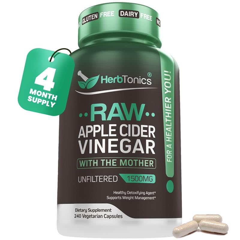 Herbtonics Raw Apple Cider Vinegar Capsules 1500mg with Mother | Weight Management, Detox & Digestion Formula with GLP-1 Support | Unfiltered ACV for Metabolic Support | 240 Vegan Capsules
