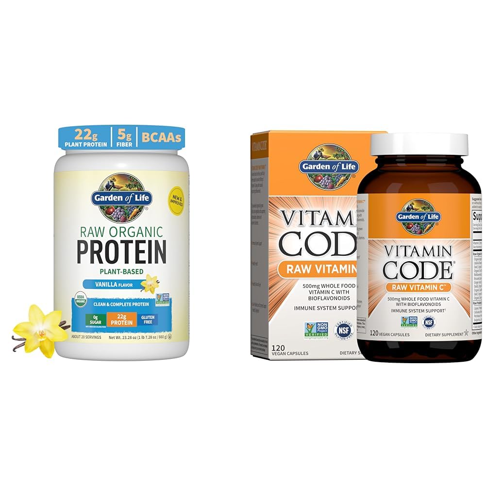 Garden of Life Organic Vegan Vanilla Protein Powder 22g - Vitamin Code Vitamin C 120 Capsules Bundle