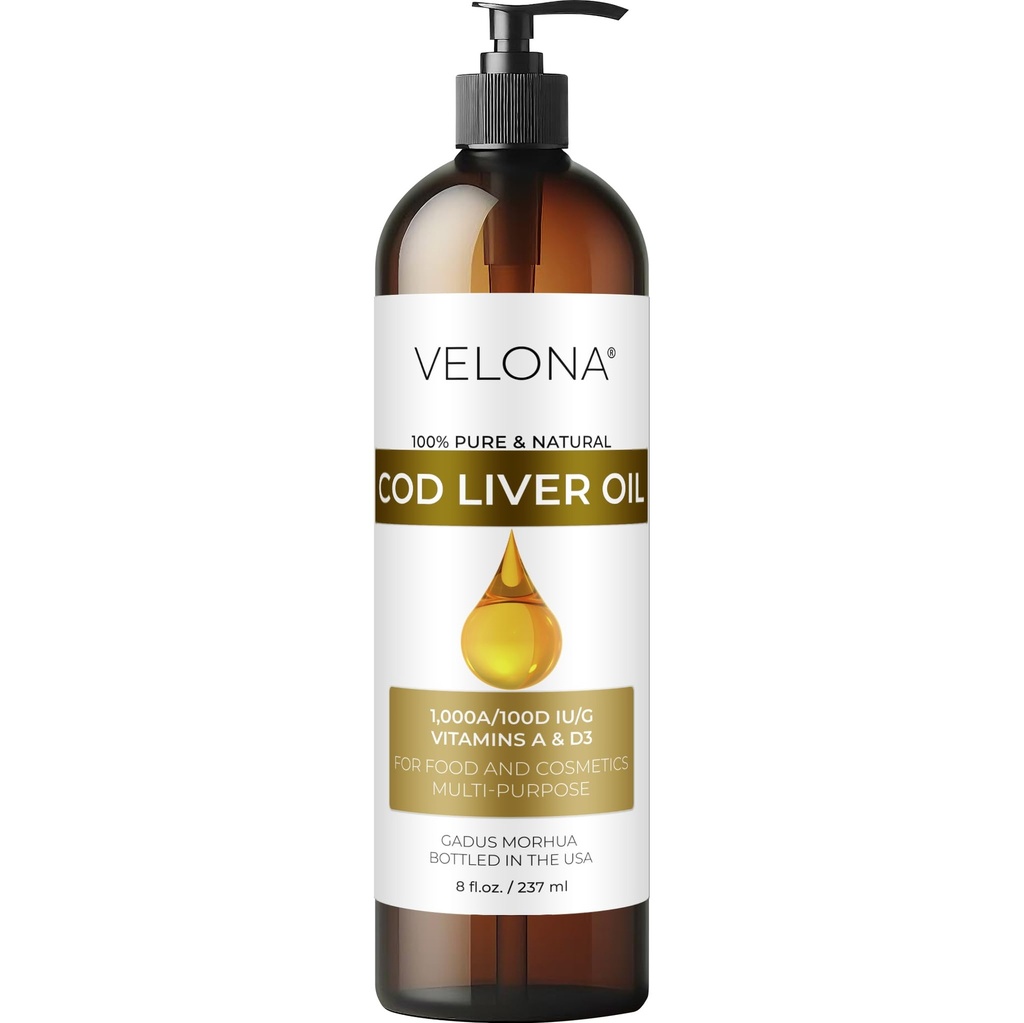 velona Cod Liver Oil - 8 Fl Oz | 1,000A/100D IU/g Omega 3 Vitamins A & D3 | Norwegian Arctic Sustainably Sourced Nordic Oil | Hair, Body and Skin Care | Use Today - Enjoy Results