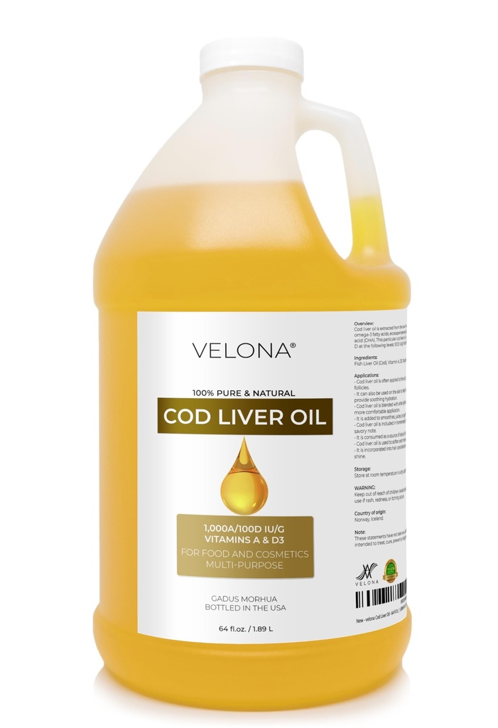 Velona Cod Liver Oil - 64 Fl Oz | 1.000A/100D IU/g Omega 3 Vitamins A & D3 | Norveçli Arctic Sustainable Sourced Nordic Oil | Saç, Body and Skin Care | Bugün Kullanımı