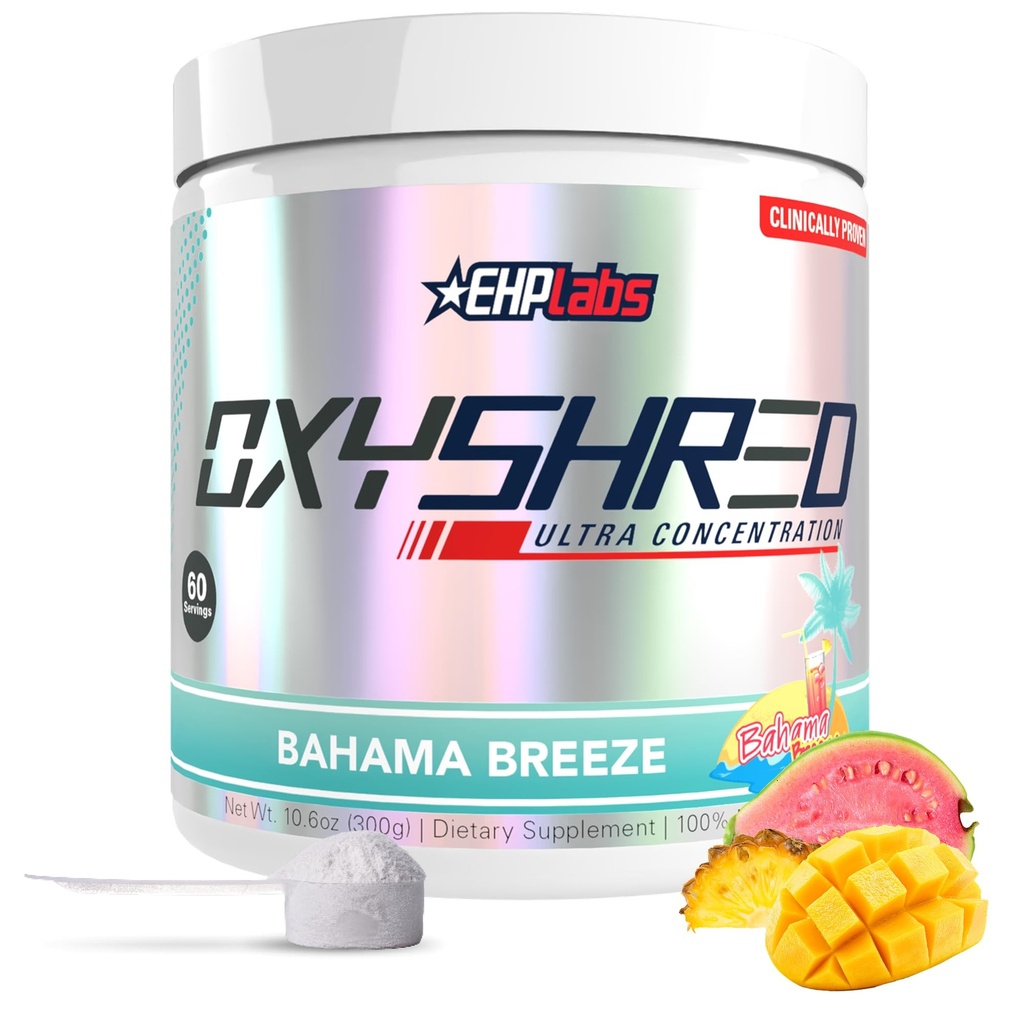 EHP Labs OxyShred Pre Workout Powder - Preworkout Powder with L Glutamine & Acetyl L Carnitine, Energy Boost Drink - Bahama Breeze/Beach, 60 Servings