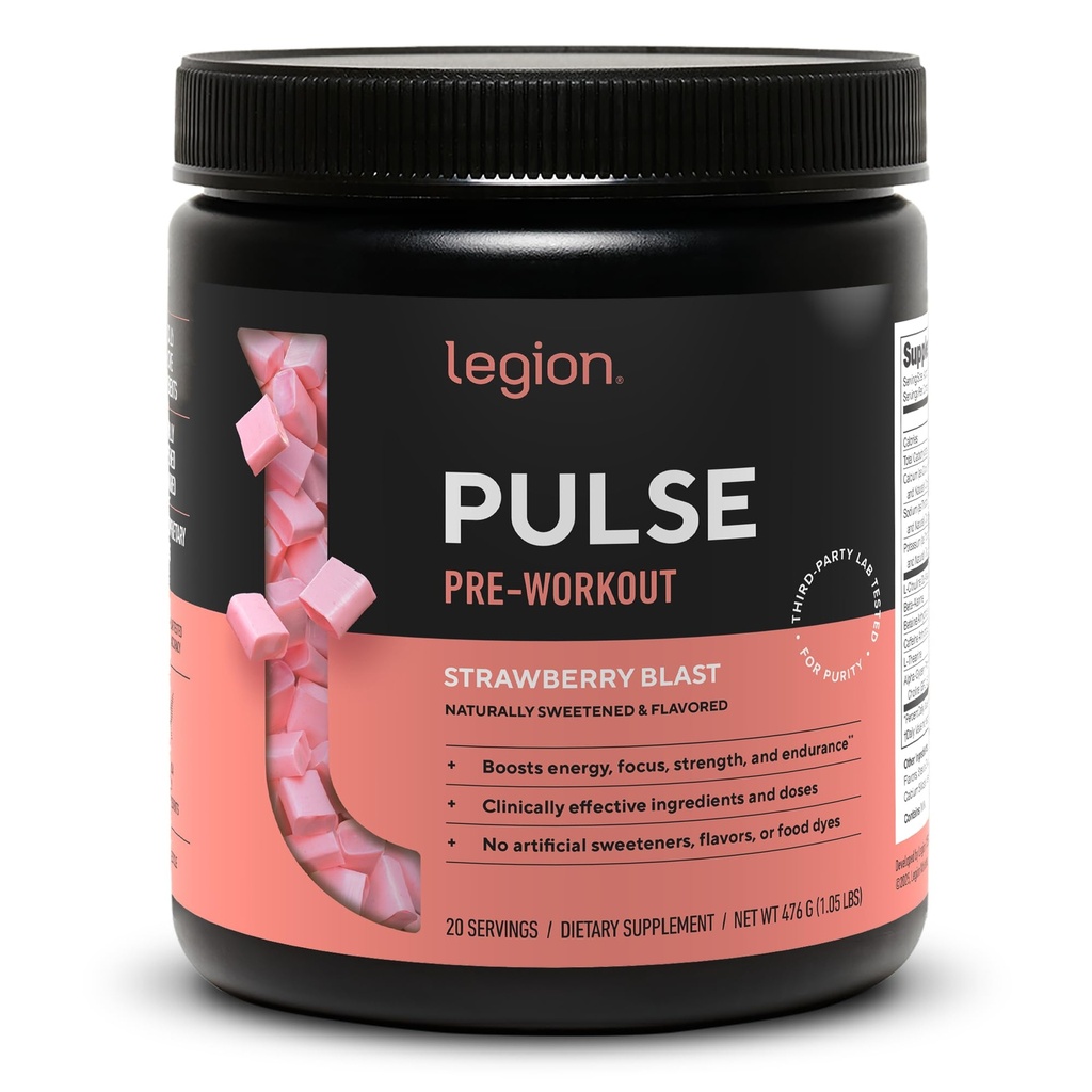 LEGION Pulse - All Natural Nitric Oxide Preworkout Drink to Boost Energy, Creatine Free, Naturally Sweetened, Beta Alanine, Citrulline, Alpha GPC (Strawberry Blast)