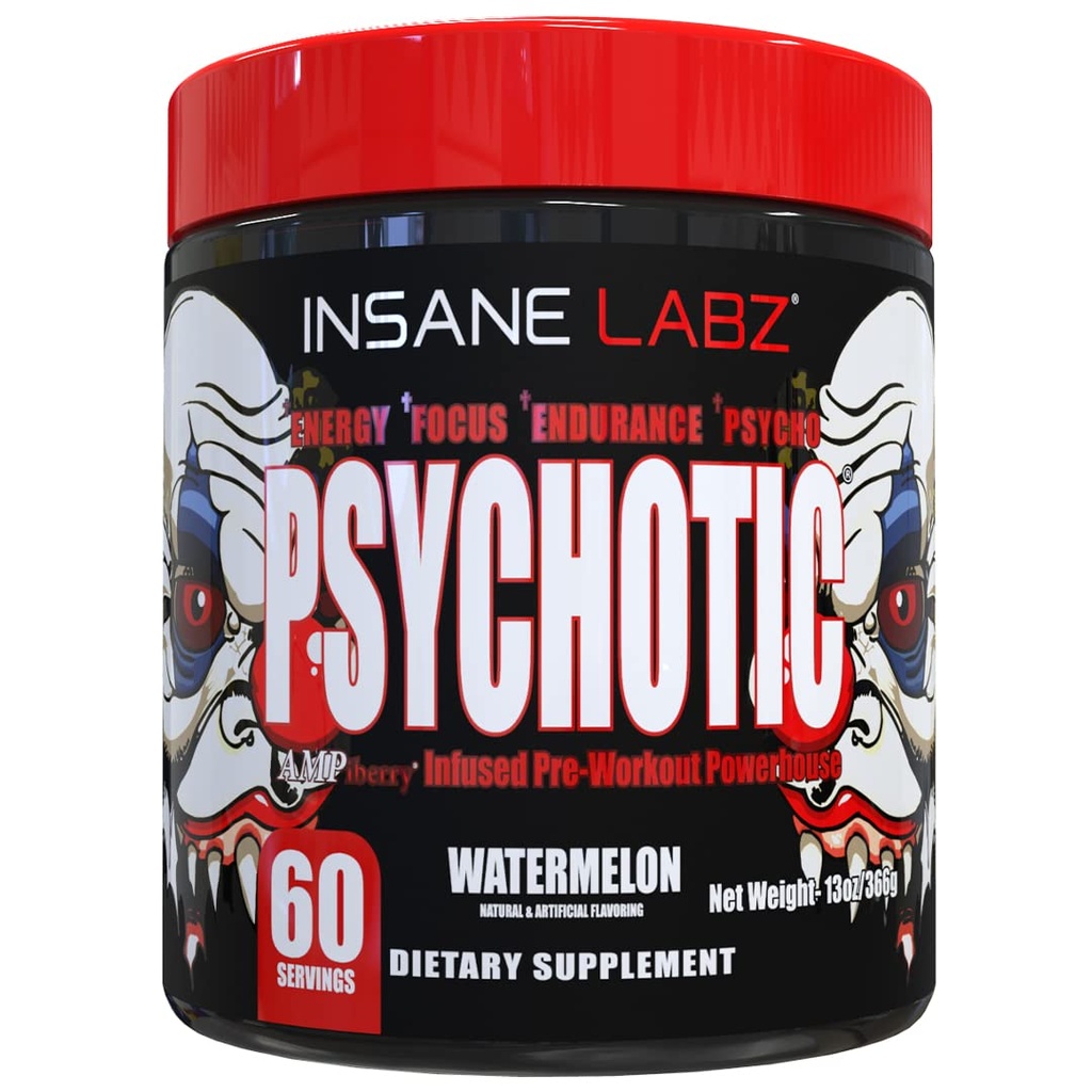 Insane Labz Psychotic, High Stimulant Pre Workout Powder, Extreme Lasting Energy, Focus and Endurance with Beta Alanine, Creatine Monohydrate, DMAE, 60 Srvgs, Watermelon