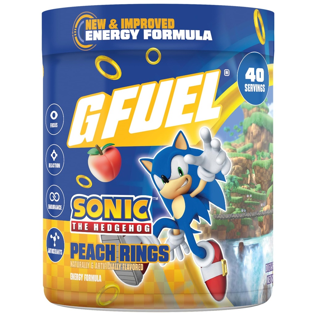 G Fuel Sonic 2.0 Energy Drink Toz, Pre Workout Caffeine Mix for Game, Sugar Free Focus090, Vitamin + Antioksis, 9.8oz (Peach Ring Candy, 40 Hizmet)