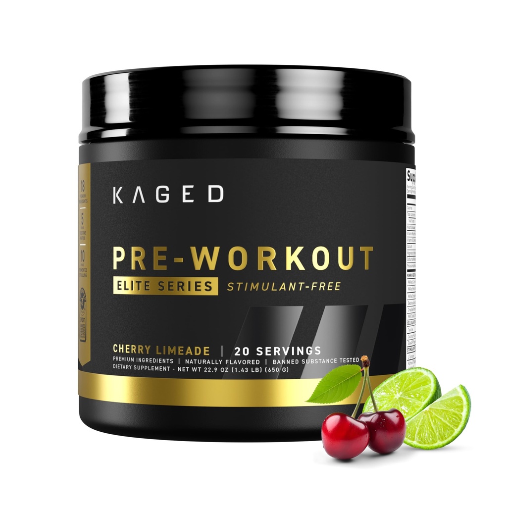 Kaged Pre Workout Elite Stim Free Toz | Cherry Limeade | Kretine, Beta Alanine, L-Citrulline | No Caffeine | 20 Servisler