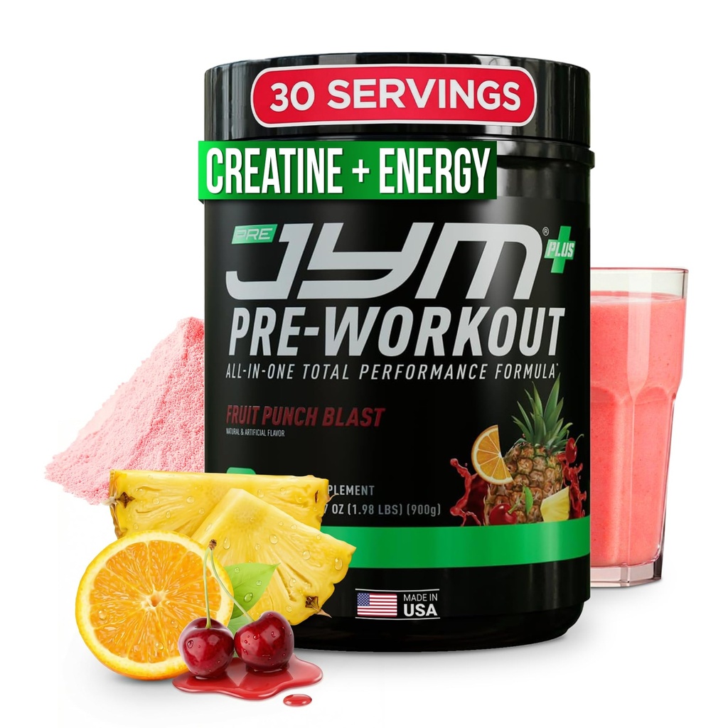 JYM Supplement Science Pre JYM Plus Fruit Punch Pre-Workout Toz, Reese Nitrates, Kreta, Betaine, Nootropics, BCAA's, for Men & Women, 30 Services