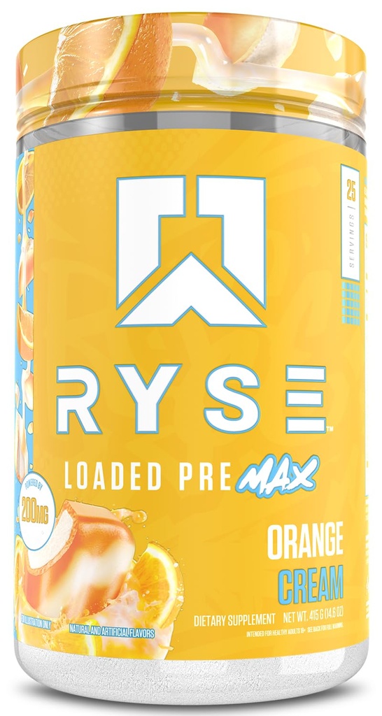 Ryse Loaded Pre Max Pre Workout Toz - Orange Cream - 300 mg Sustained Energy for Men & Women - L-Citrulline, PeptiPump & Alpha-GPC for Power, Pumps & Focus - 25 Servisler