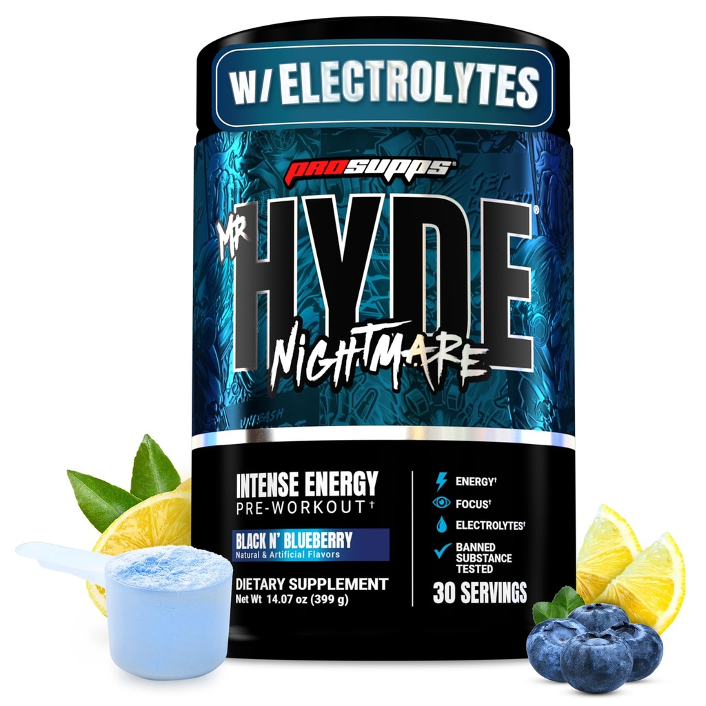 ProSupps Bay Hyde Nightmare Pre Workout Toz with Caffeine & Beta Alanine - Intense Energy, mental Focus & Performance - Gym & Fitness Supplements (Black N' Blueberry, 30 Hizmet)