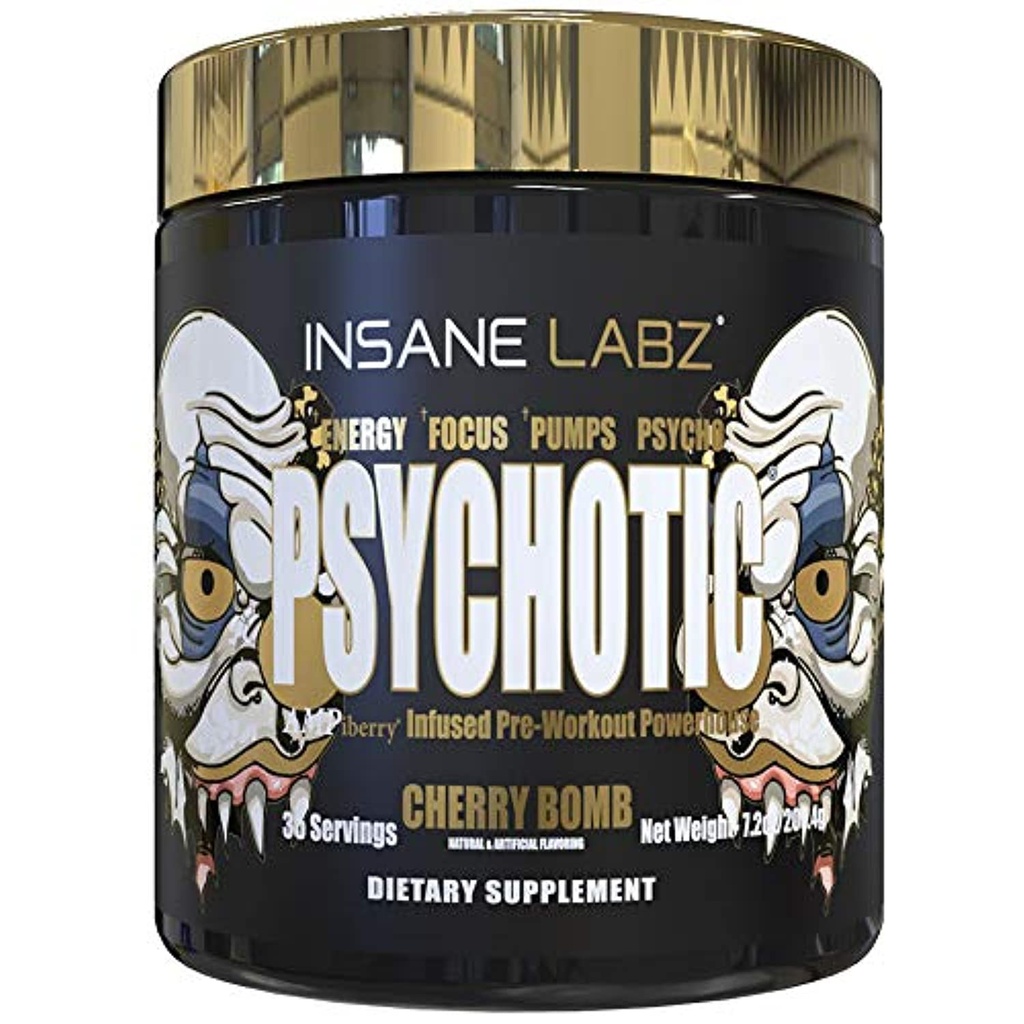 Insane Labz Psychotic Gold, High Stimulant Pre Workout Toz, Extreme Lasting Energy Focus, Pumps and Endurance with Beta Alanine, DMAE Bitartrate, NO ATM (35 hizmet, Cherry Bomb)