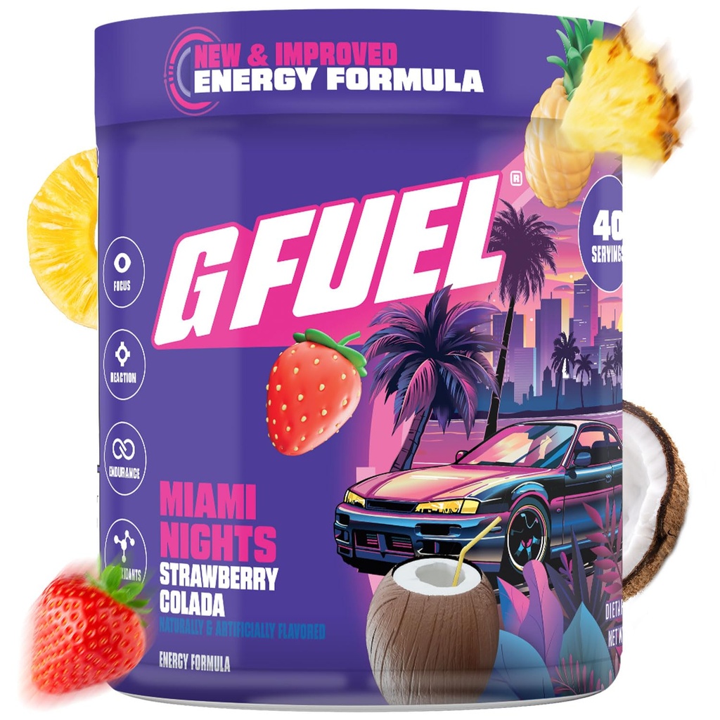 G Fuel Miami Nights 2.0 Energy Drink Powder, Pre Workout Caffeine Mix for Gaming, Sugar Free Focus Amino, Vitamin + Antioxidants, 8.7oz (Strawberry Pina Colada, 40 Servings)