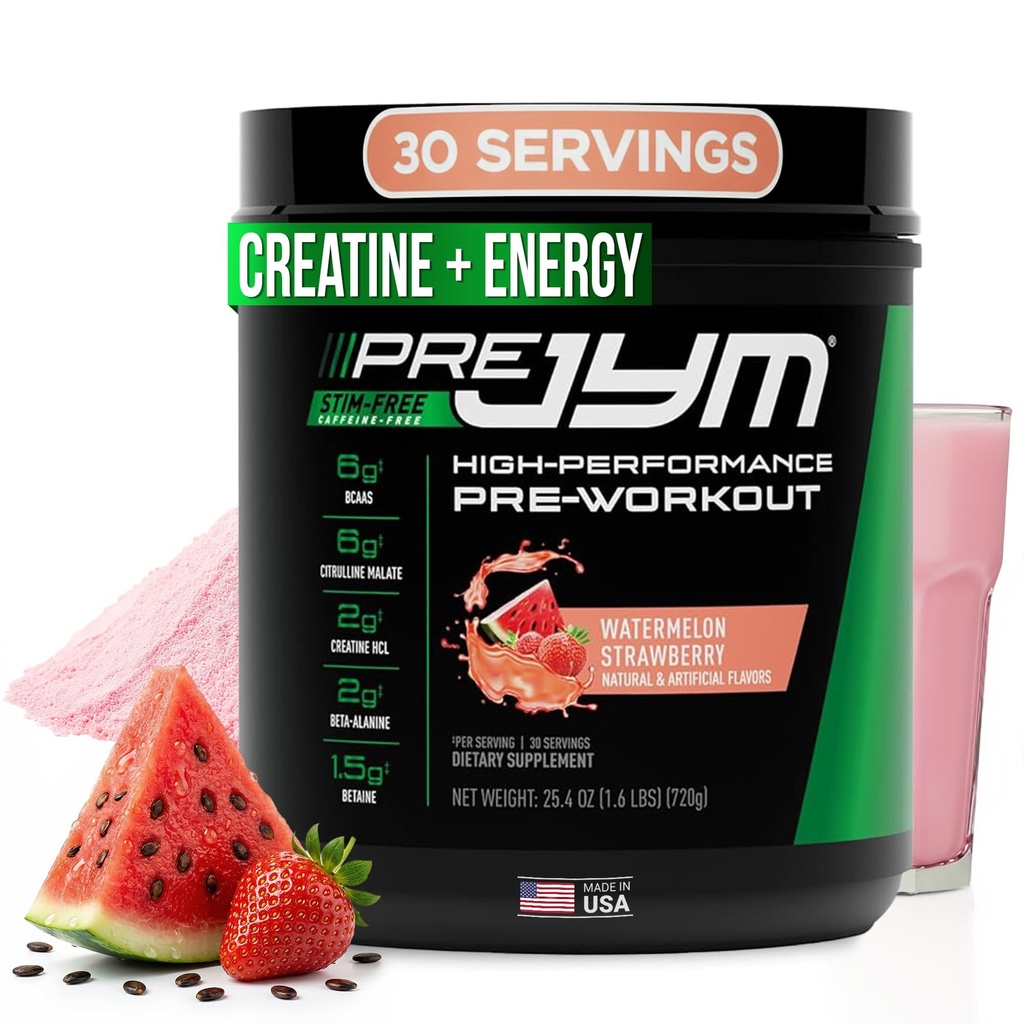Pre JYM Stim Free Watermelon Strawberry Pre-Workout Powder, Creatine, No Caffeine, Citrulline, Betaine, BCAA's, Taurine, Alpha-GPC, Huperzine, 30 Servings