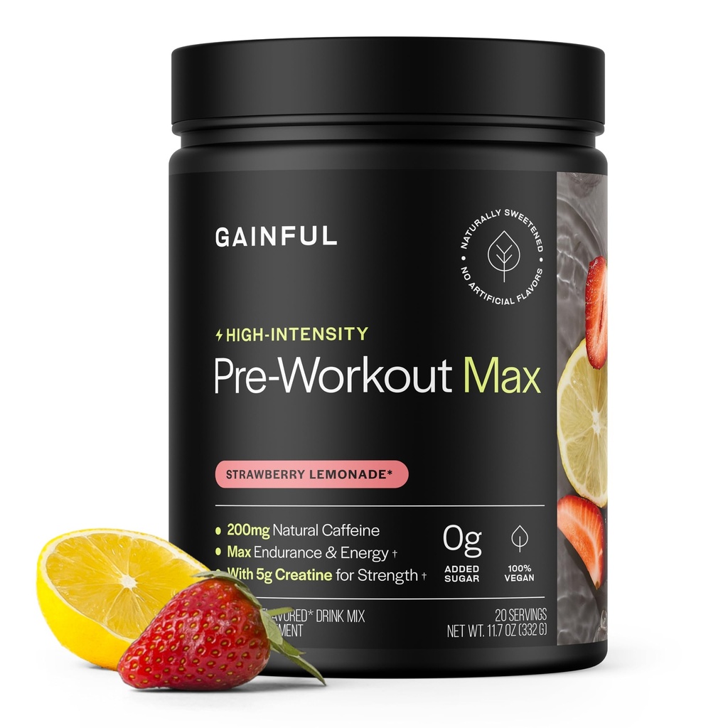 Gainful High Intensity Pre Workout Powder with 200mg Caffeine, 5g Creatine, Strawberry Lemonade Flavor, Supports Energy, Strength, Endurance, & Recovery, BCAAs, Beta Alanine, L-Citrulline, 20 Servings