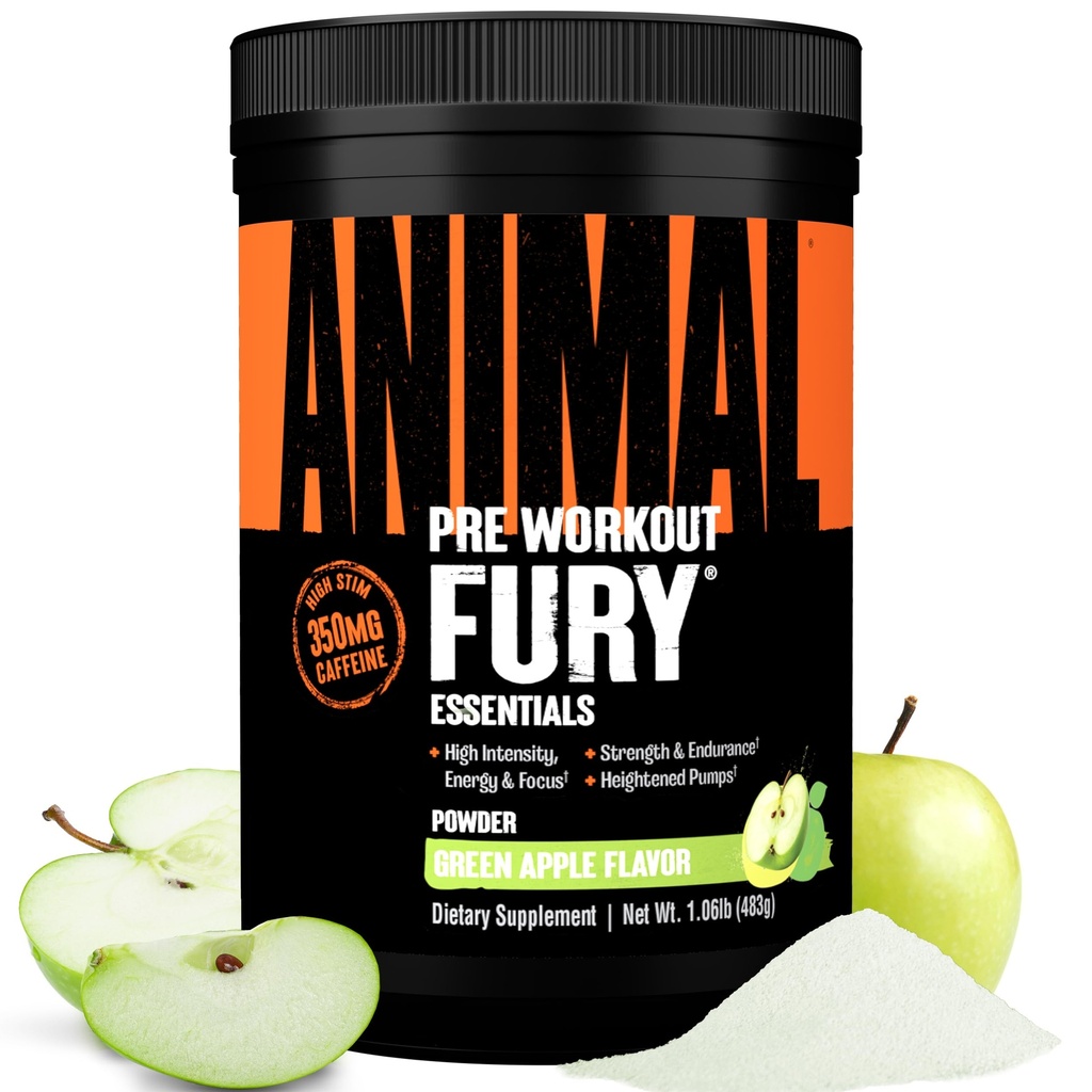 Animal Fury Pre Workout Powder - Green Apple, 350mg Caffeine, BCAA Amino Acids, 2g Beta Alanine, Citrulline & Tyrosine, Energy, Focus, Strength, Endurance, Preworkout for Men & Women, 30 Servings