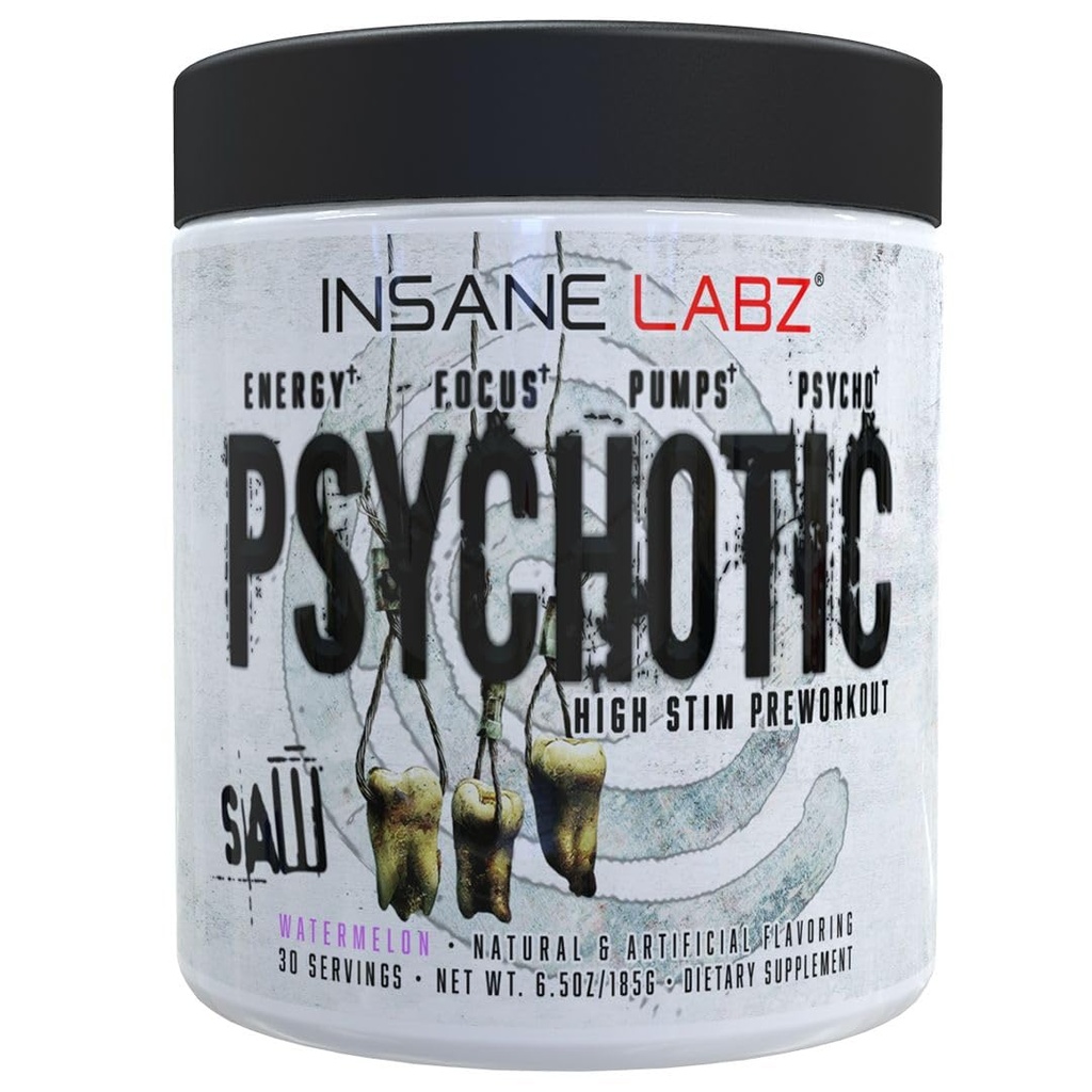 Insane Labz Psychotic Saw, High Stim Pre Workout Toz with OxyGold-TM and AMPiberry®,Extreme Lasting Energy with Teacrine®,Focus with CognitIQ® and Endurance (30 hizmet, Watermelon)