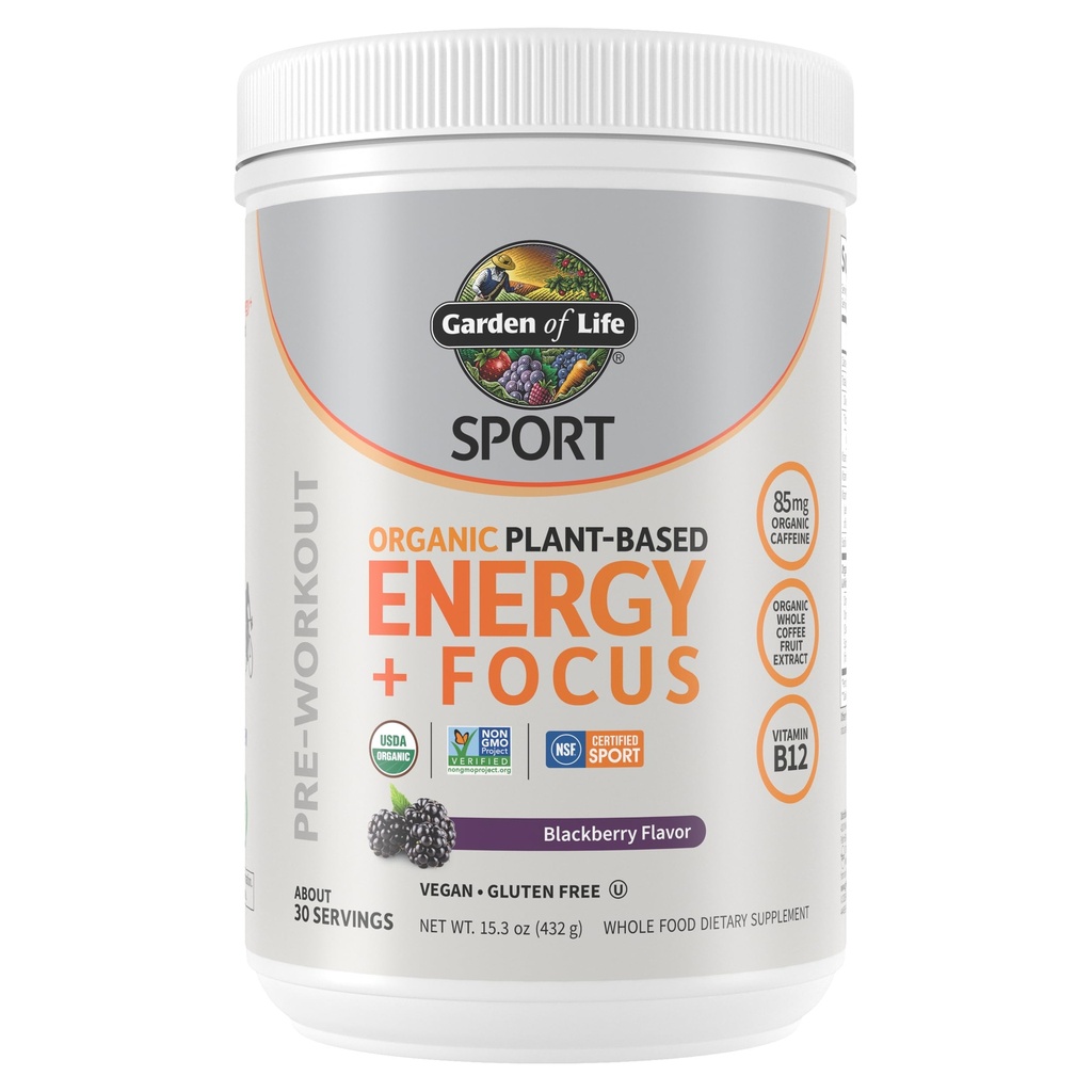 Life Sport Organic Plant Based Energy + Focus Clean Pre Workout Toz, 85 mg Caffeine, Natural No Branson, B12, Vegan, Gluten Free, Non-GMO, BlackBerry, 15.3 Oz