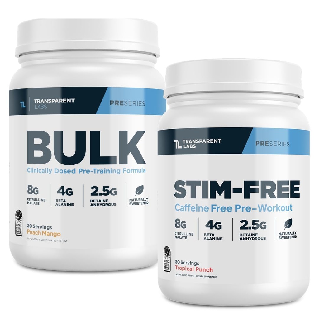 Transparent Labs Bulk Pre-Workout (30 Servings, Peach Mango) & Stim-Free Pre-Workout (30 Servings, Tropical Punch)