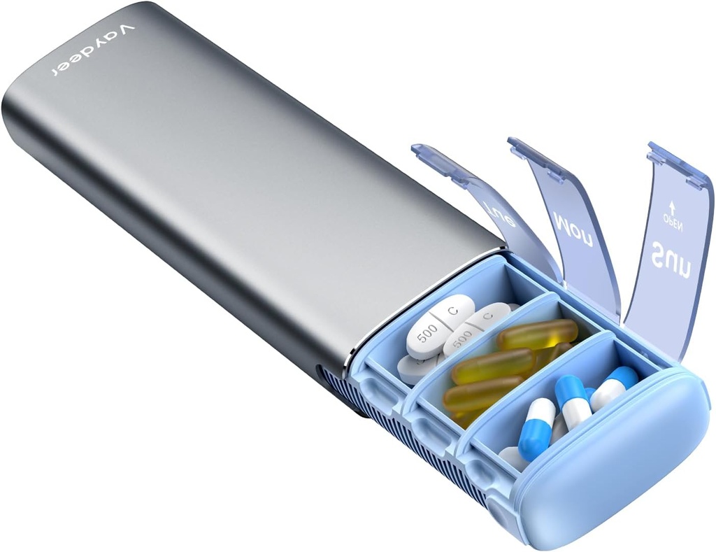 Vaydeer Metal Travel Pill Organizer, 7 Day Weekly Pill Box, Μεγάλη Χωρητικότητα Καθημερινή Χαριτωμένη περίπτωση Χάπια για Συμπληρώματα, Χάπια, Βιταμίνες και Φάρμακα (Μικρό, Gunmetal)
