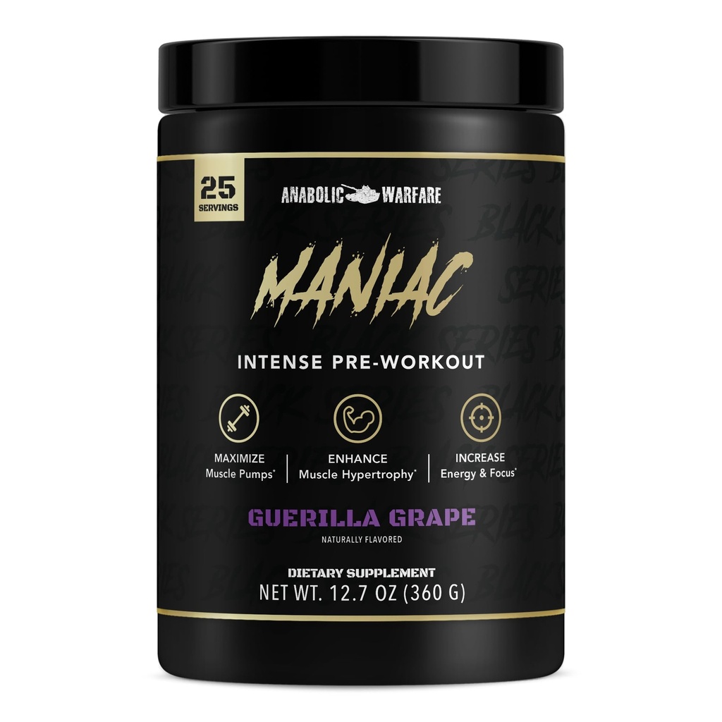 Erkek Savaş Siyah Serisi Maniac, Pre-Workout Toz, Nitrik Oksit, Kas Pumps ve Protein Synthesis* Guerilla Grape