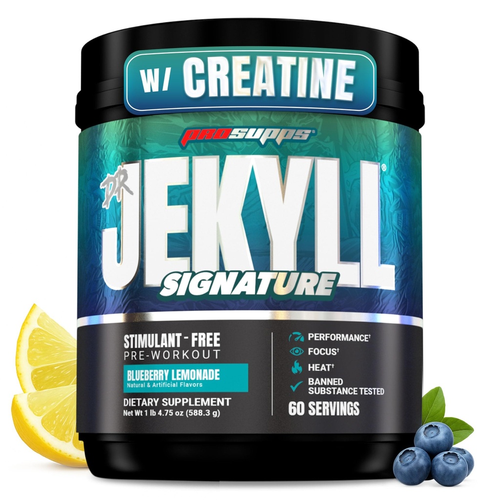 ProSupps Dr. Jekyll Signature Pre Workout Toz with Tinatine - Stim-Free Preworkout Supports Focus & Endurance - Caffeine-Free Gym & Fitness Supplements (Blueberry Lemonade, 60 hizmet)