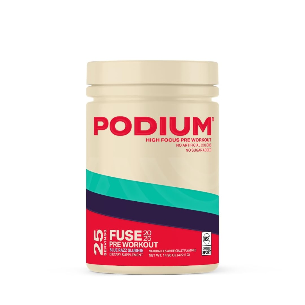 Podium Nutrition, Fuse 2025 Pre Workout Powder, Blue Razz Slushie, 25 Servings, Beta Alanine and Caffeine for Energy, Gluten, Soy and Dairy Free
