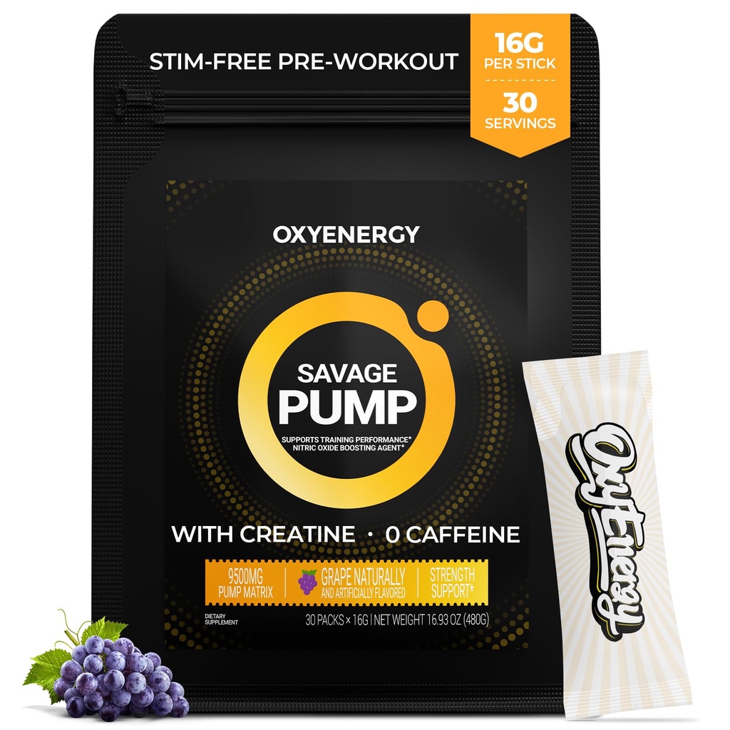 OxyEnergy Nitric Hoffman, Max Pump Non Stim Pre Workout Toz for Men, with Beta Alanine, L Citrulline, Kre Pumps, Endurance, Grape, On-Go Packet- 30 Servisler