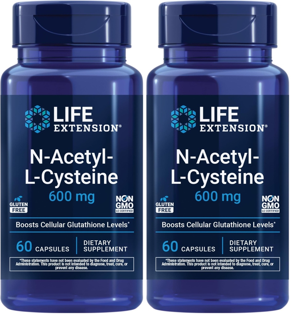 Life Extension N-Acetyl-L-Cysteine (NAC),Immune,Respiratory,Liver Health,NAC 600 mg,Potent antioksidan Destek, Free-radicals,Easy to Absorb,60 Capsules,(Pack of 2)