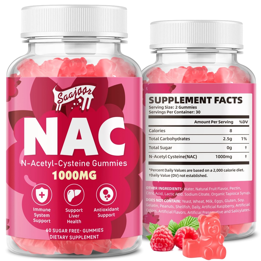NAC Gummies Χωρίς ζάχαρη, N-Acetyl Cysteine NAC συμπλήρωμα 1000mg για αντιοξειδωτικά, ανοσοποιητική υποστήριξη, μη-GMO, χωρίς γλουτένη, Vegan – Raspberry Flavor, 60 Gummies