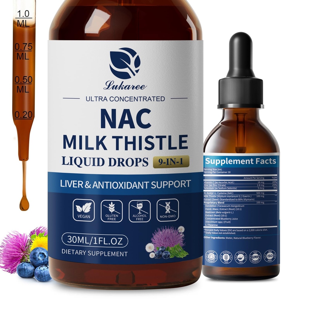 Lukaree Liposomal NAC Supplement N-Acetyl-L-Cysteine 600 mg with Milk Thistle - NAC Platinum Acid Drops w/Selenium for Liver & Kidney Support*, Lung, Antioksis & Immune Support*- Vegan, Non-GMO- 2oz