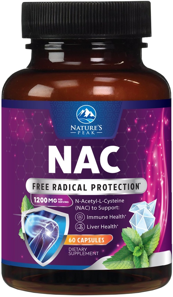 NAC Supplement - N-Acetyl-L-Cysteine'ye 1200 mg - Güçlü Antioksitlere Destek - Respiratory & Liver Health Support - Gluten Free, Şişed in USA - 60 Capsules