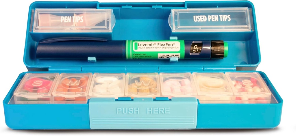GMS Group Medical Supply, LLC Diabetic Pen Case & 7 Day Medicine Organizer - Travel Kit for Diabetic Supplies - at a Glance Medicine Reminder - Holds New & Used Needles Safely - Small & Discreet