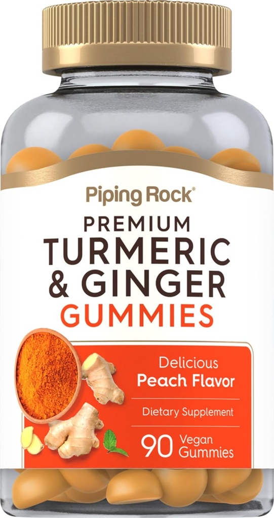 Piping Rock Turmeric ve Ginger Gummies | 90 Kont | Peach Flavor | Vegan Formula | Non-GMO, Gluten Free Supplement Supplement Supplement