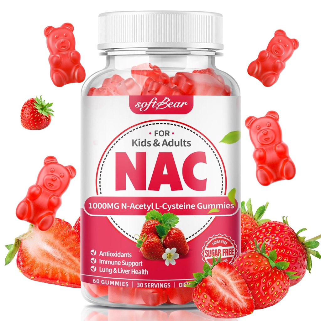 softbear NAC Gummies for Kids & Adults, NAC Συμπλήρωμα 1000mg N Acetyl Cysteine Υποστηρίζει Πνεύμονα & Ήπαρ Υγεία, Αντιοξειδωτικά & ανοσοποιητικό σύστημα, Φράουλα Γεύση 60 Count