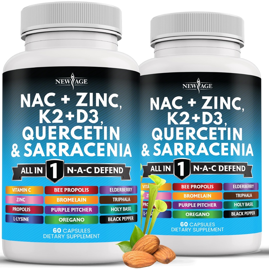 NEW AGE NAC Supplement N-Acetyl Cysteine- with Vitamin D3, K2, çinko, Quercetin, Triphala, Sarracenia Purpurea, Elderberry, Holy Basil, Bee Propolis, Bromelain, L-Lysine - 120