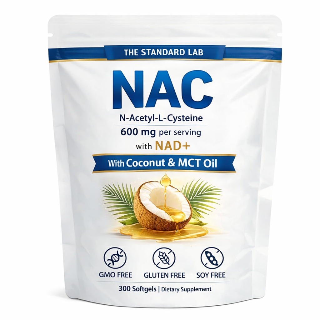Standart Lab NAC 600 mg ile NAD+ Daily Complex, N-Acetyl Cysteine Supplement Capsules, Antioksi Support Formula, Vegan, Non-GMO, Gluten Free, 300 Softgels