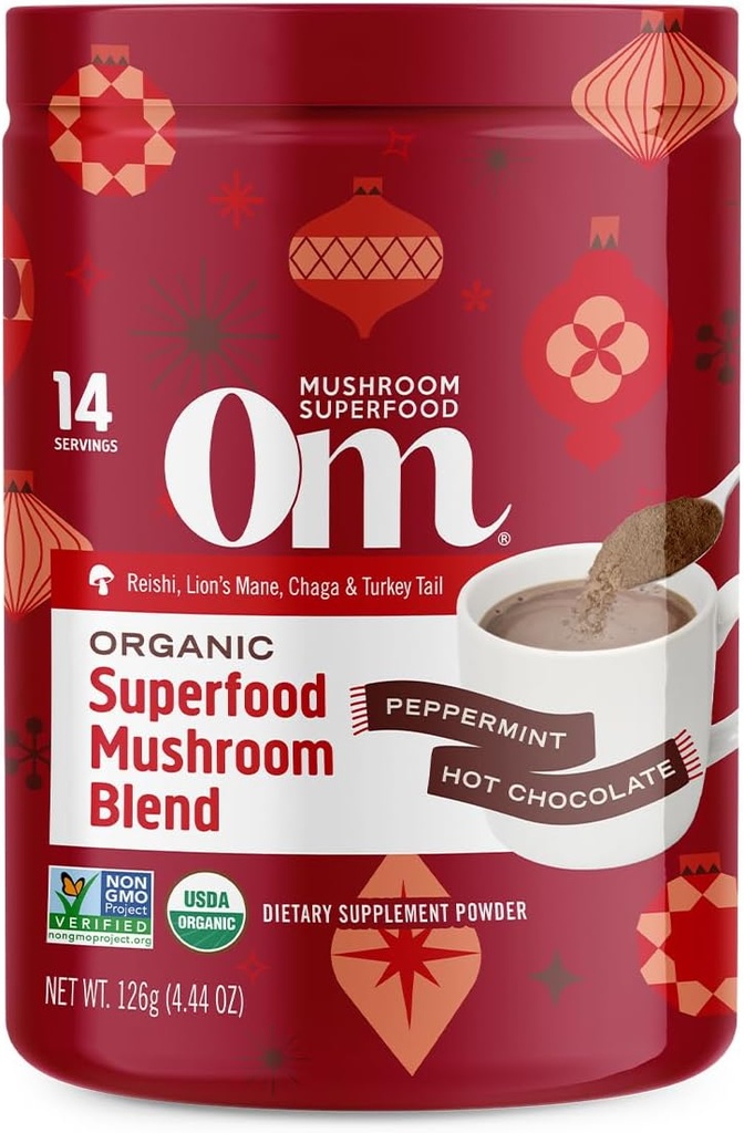 Om Mushroom Superfood Peppermint Hot Chocolate Blend – Cocoa Mushroom Powder with Lion’s Mane, Reishi, Chaga & Turkey Tail – Immune Health, Focus & Stress Support – 4.44 oz Canister (14 services)