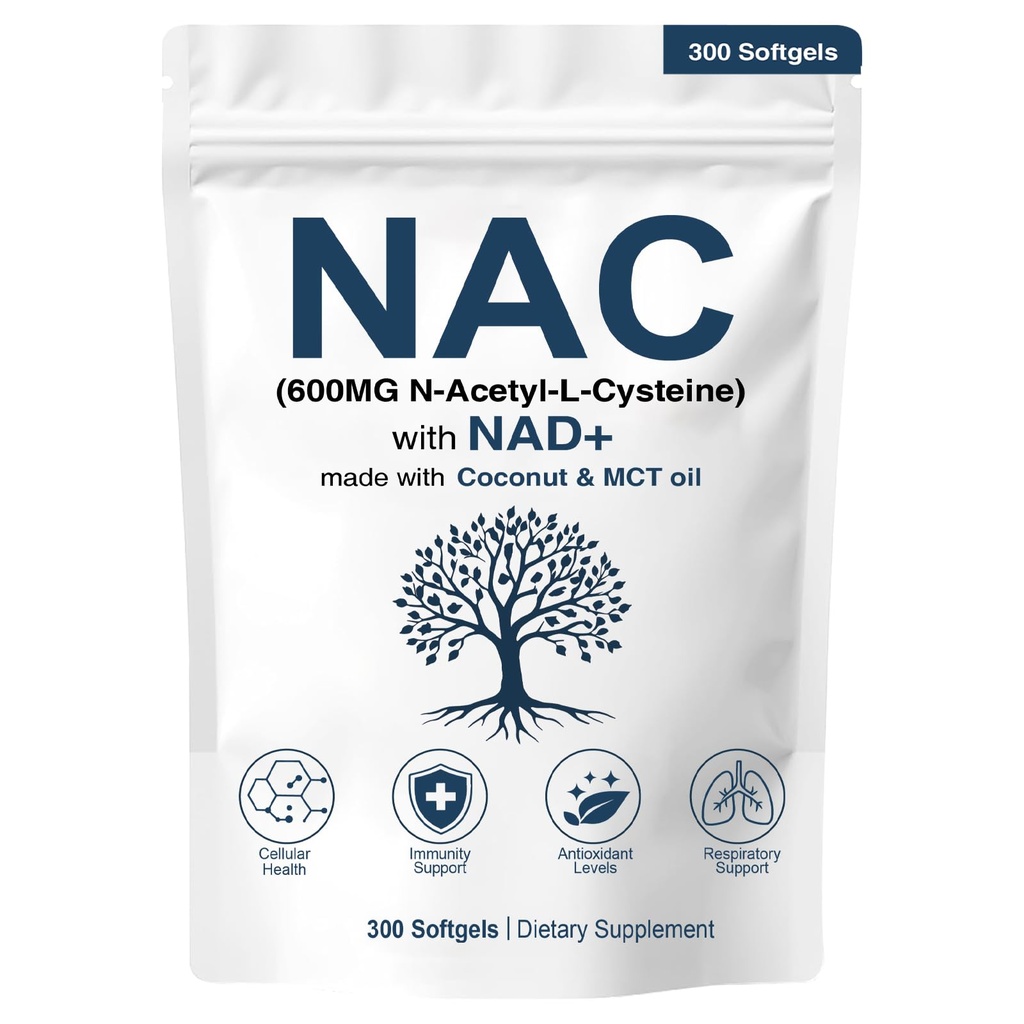 NAC 600 mg Non-GMO, Gluten Free,Organic NAC Supplement N-Acetyl Cysteine Capsules with NAD+ for Cellular & Lung Health, 300 Softgels