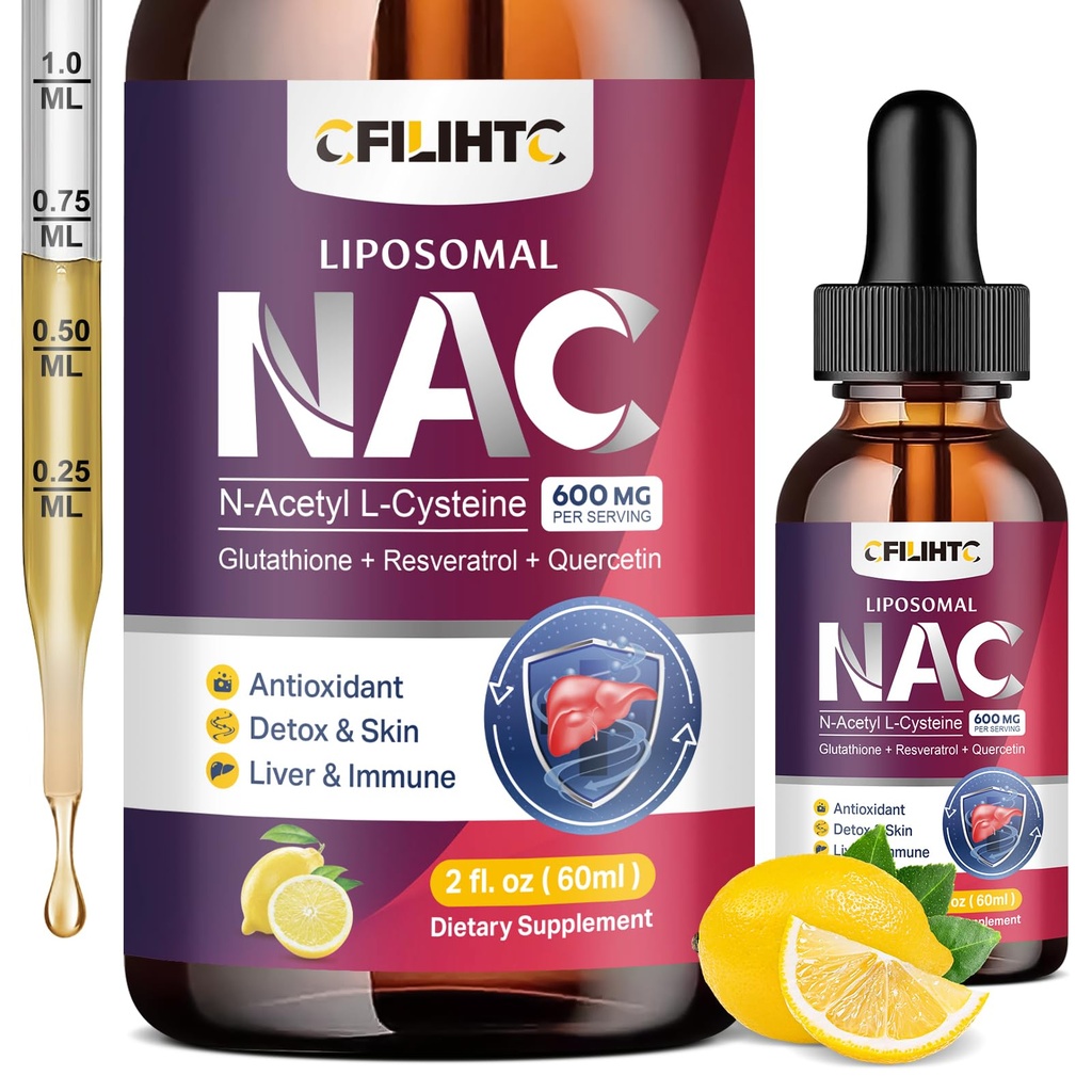 Liposomal Liquid NAC Supplement N-Acetyl Cysteine Drops, N Acetyl Cysteine 600mg με γλουταθειόνη, ρεσβερατρόλη & ψευδάργυρο για ενήλικες & παιδιά ήπαρ Lung Αντιοξειδωτικό Ανοσοποιητικό & Υγεία του δέρματος, Λεμόνι 2 Fl Oz