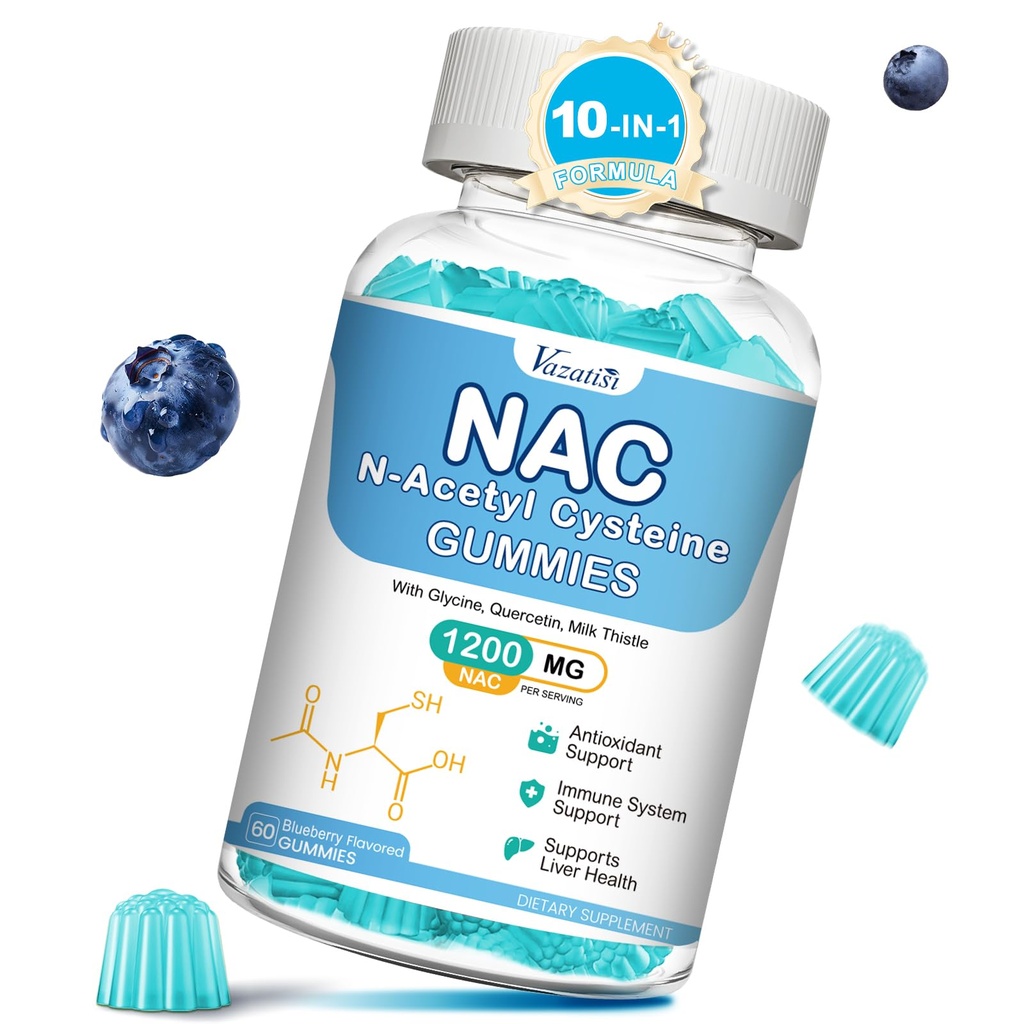 NAC Gummies, συμπλήρωμα NAC με Μήτρα Γάλατος, Σελήνιο, B6, B12 - Αντιοξειδωτικό, Ανοσολογική Υποστήριξη - N Acetyl Cysteine 600 mg ανά Gummy - Blueberry Flavored, 60 Cts