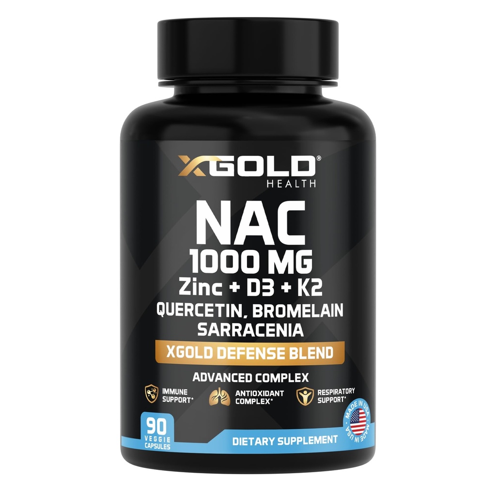 XGold Health NAC 1000 mg with Quercetin% 95, Bromelain, çinko, C, D3 & K2 Immune Support & Antioxy Supplement Advanced Defense Mix 90 Veggie Capsules