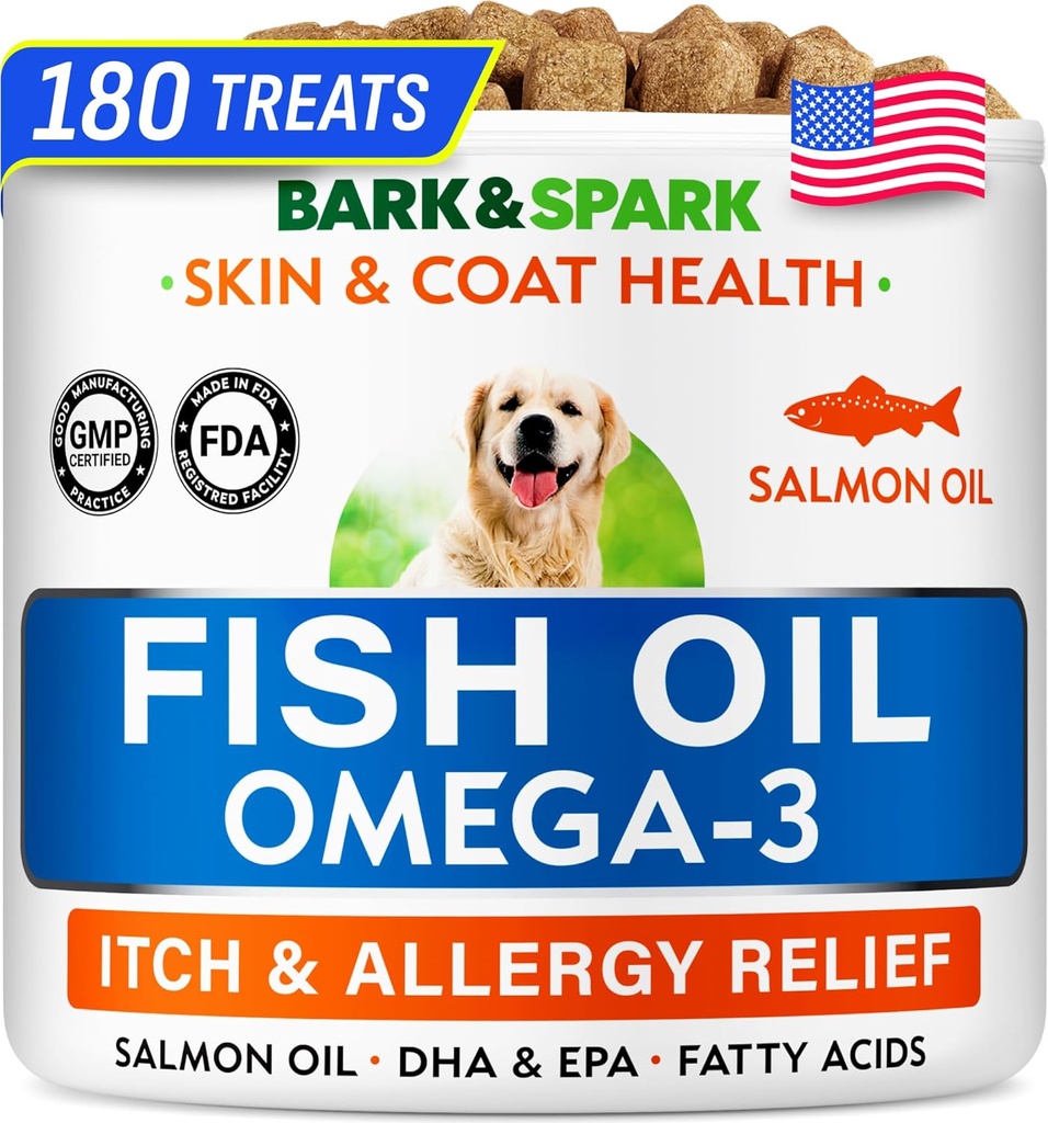 BARK&SPARK Omega 3 Köpekler için - 180 Balık Yağı Köpek Shedding, Skin Alerjileri, Itch Relief, Hot Spots Tedavisi - Ortak Sağlık - Cilt ve Önlü Tamam - EPA & DHA Fatty Asits - Canine Salmon Oil